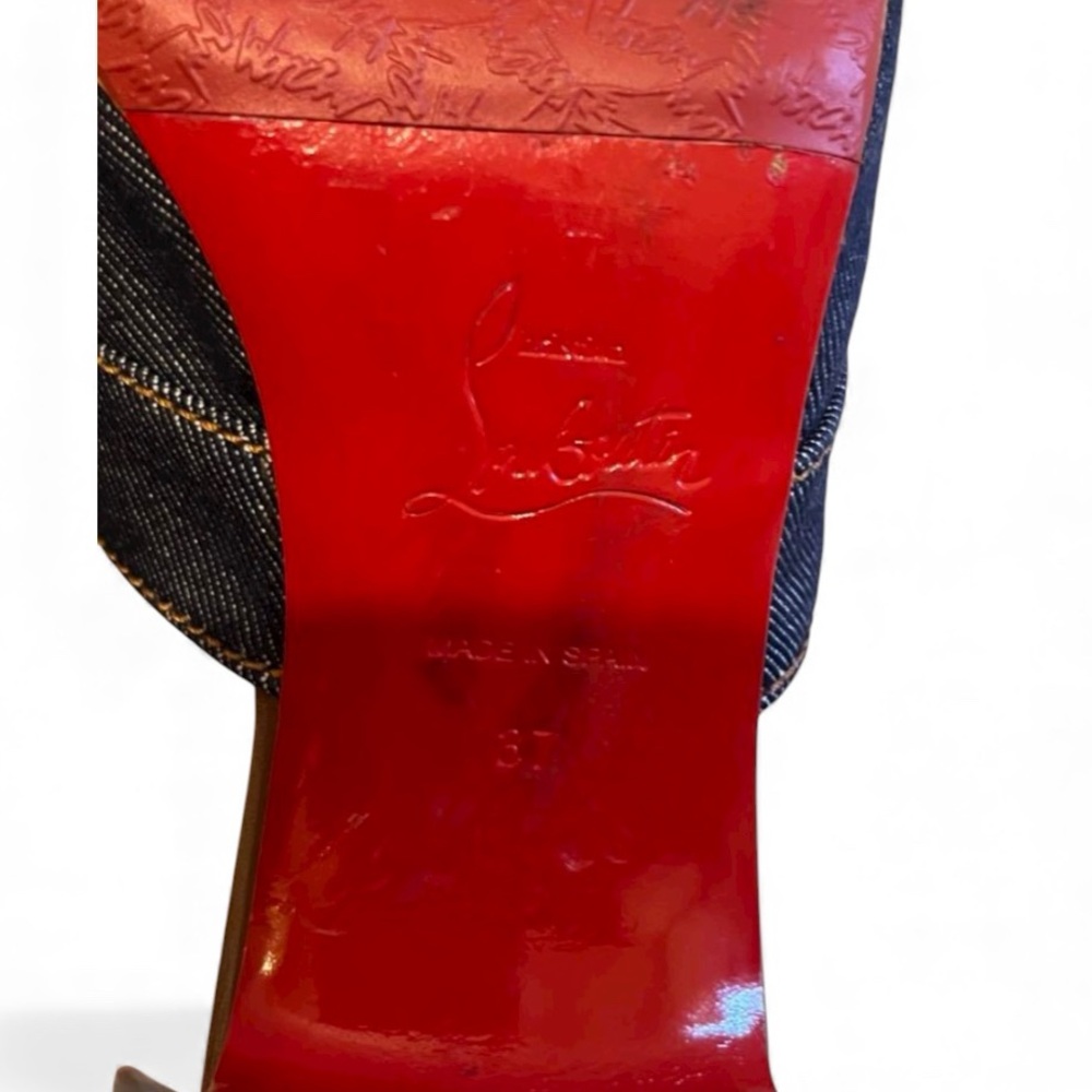 Christian Louboutin Denim Blue Open-Toe Wedge Sandals with Red Heel Accent - Picture 6 of 11